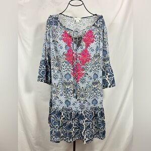 Sundance blue printed embroidered drop waist ruffle hem mini dress size L